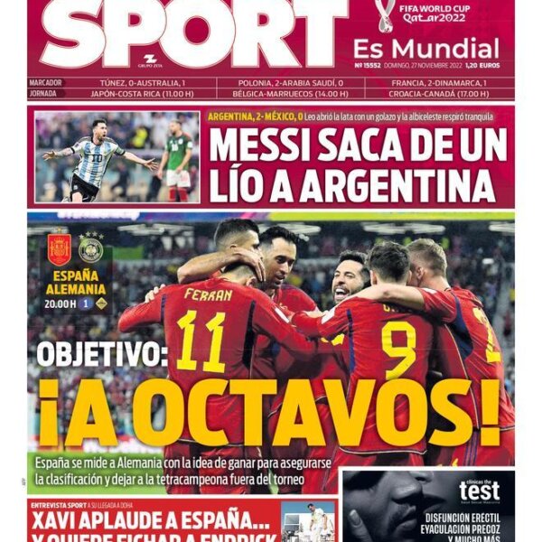 Esta es la portada SPORT de hoy domingo 27 de noviembre de 2022