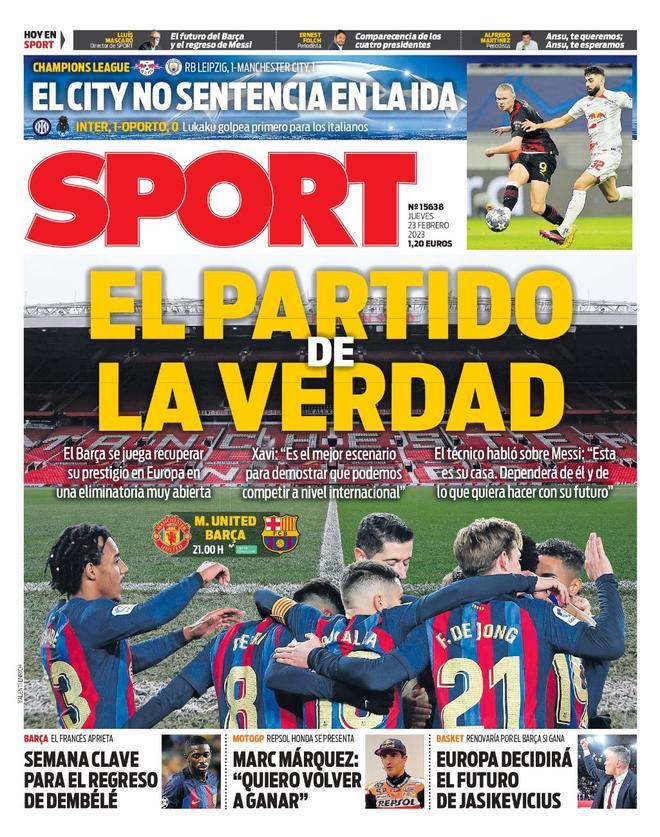 Esta es la portada de SPORT de hoy, jueves 23 de febrero
