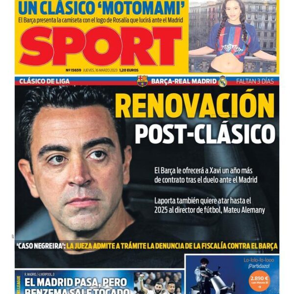 Esta es la portada de SPORT de hoy, jueves 16 de marzo