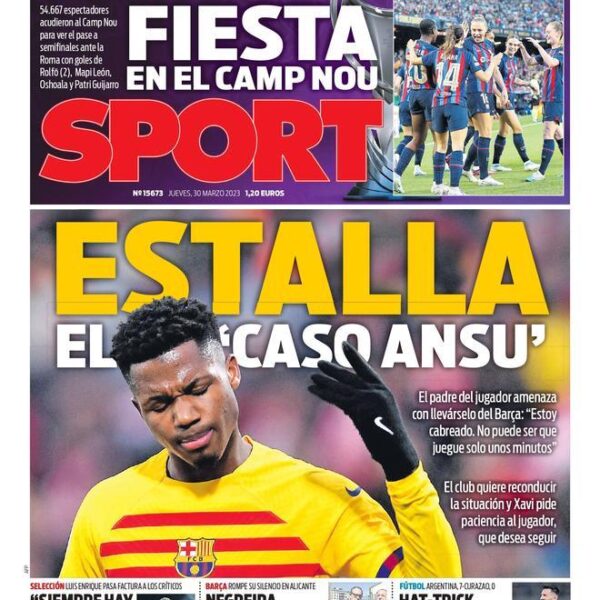 Esta es la portada de SPORT, hoy jueves 30 de marzo de 2023